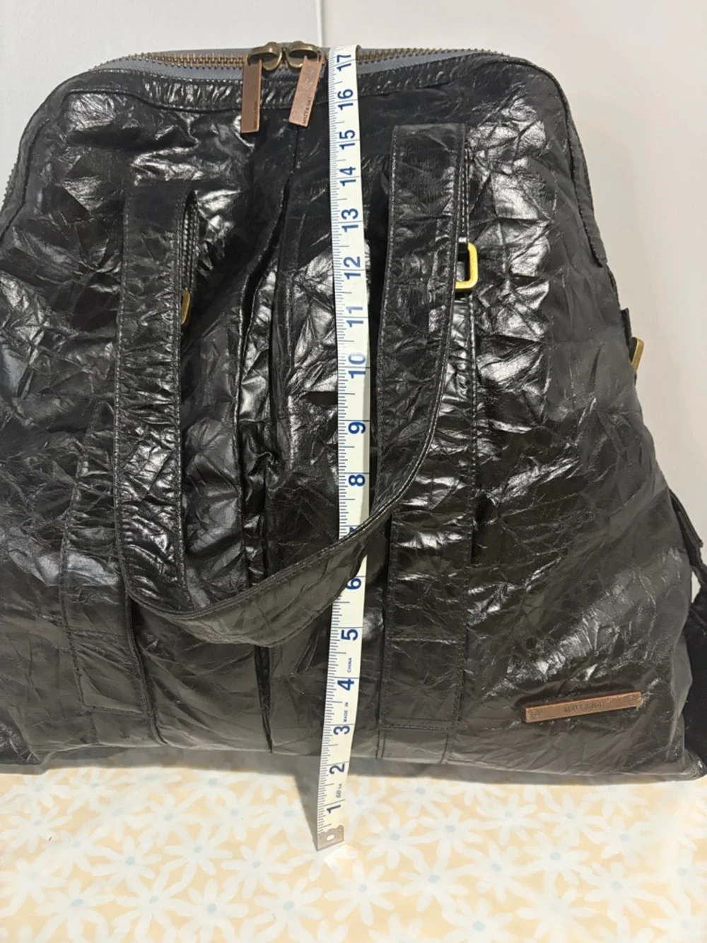 Black‎ Faux Leather Textured Hobo Bag with Gold Accents